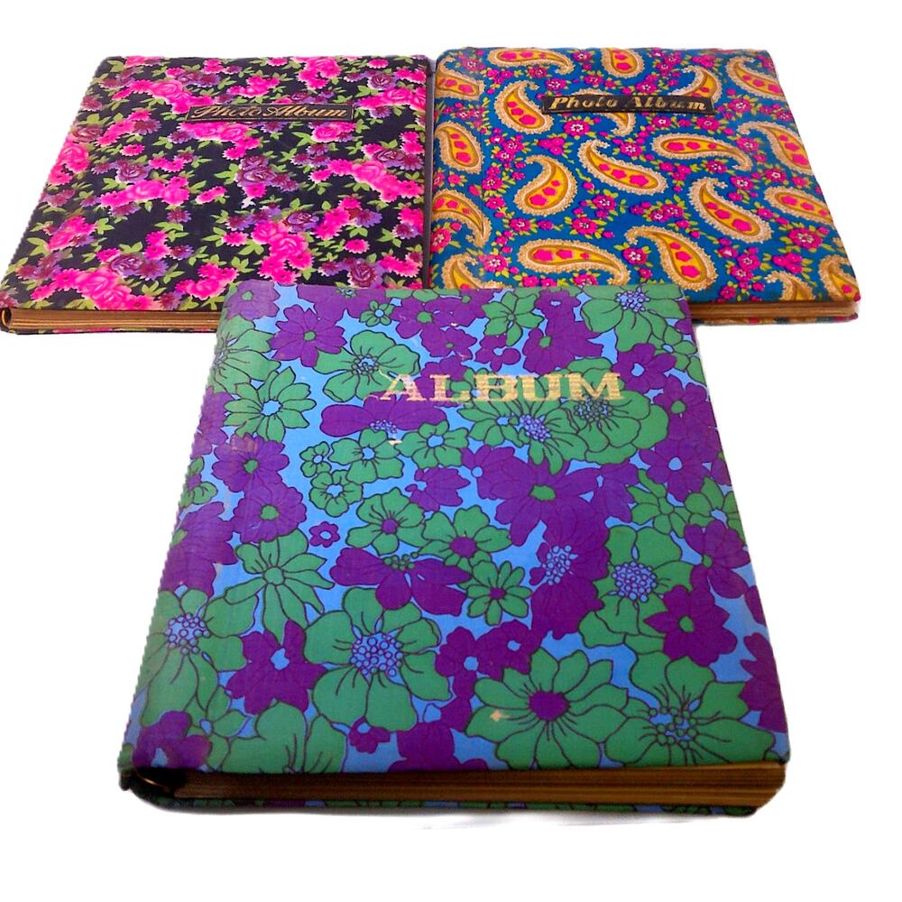 Vtg 1970s Fabric Photo Albums Mod Flower Power Paisley Retro Decor Stack Set 3